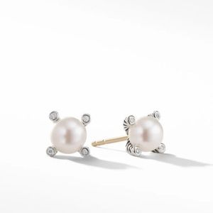 David Yurman Cable Pearl Stud Earrings in Sterling Silver with Diamonds